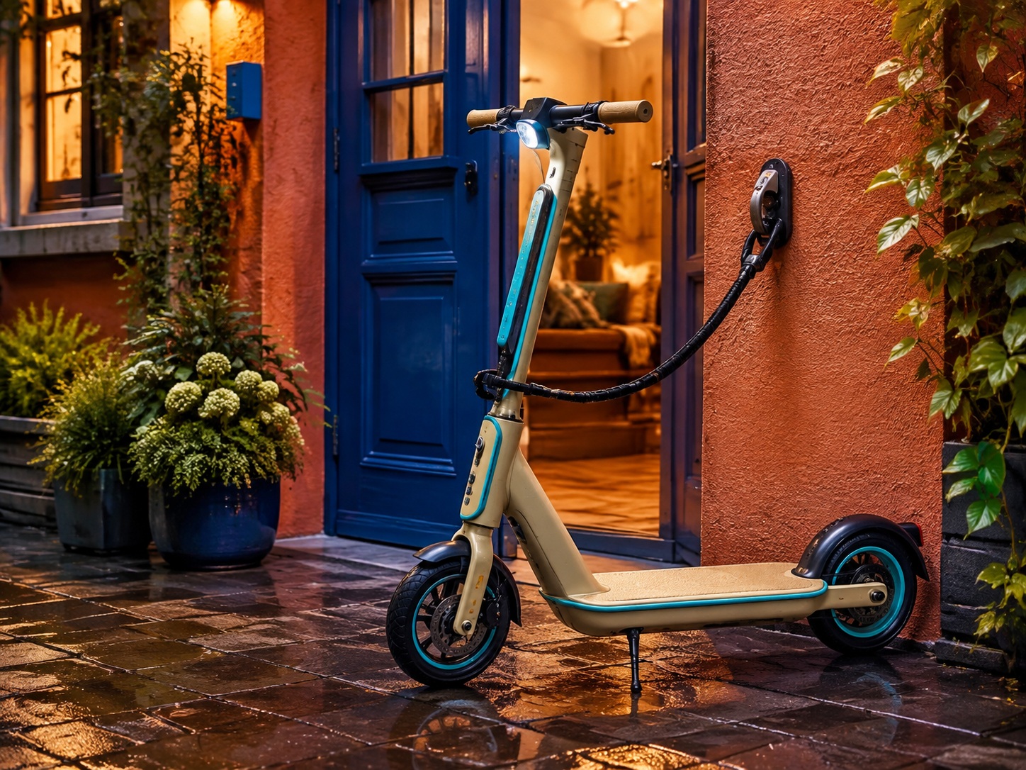 E-Scooter am Abend neben einer Haustür, mit einem Kabelschloss an der Hauswand gesichert